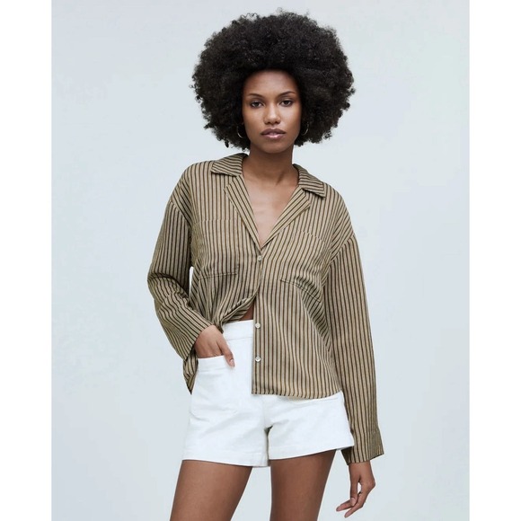 NWT Madewell Resort Striped Shirt Womens Plus 2X Brown White Stripe Seersucker - Picture 2 of 13